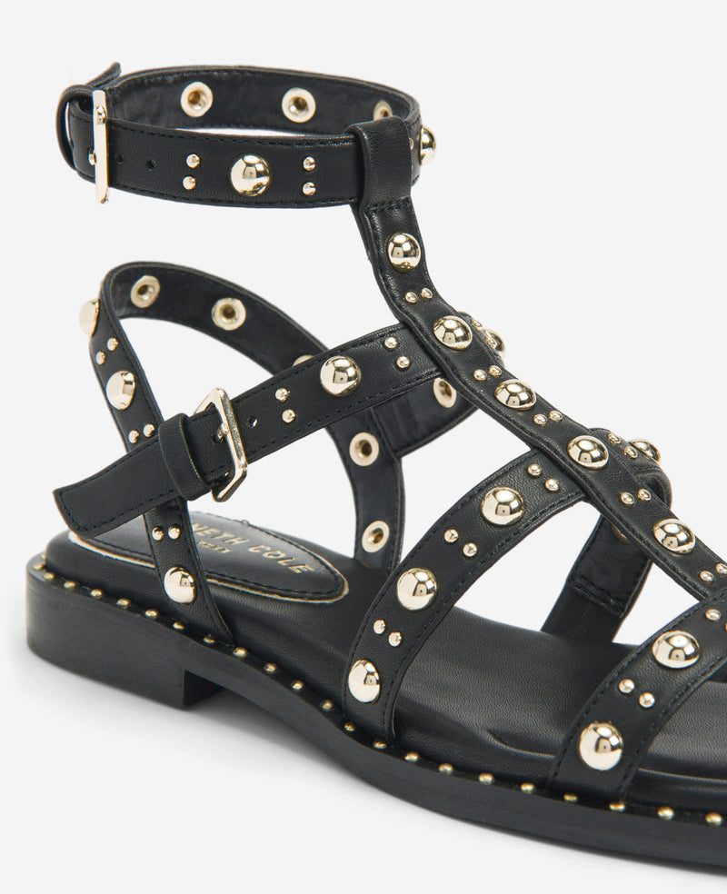 STUDDED CUSHIONED FLAT SANDAL FOR WOMEN - BLACK