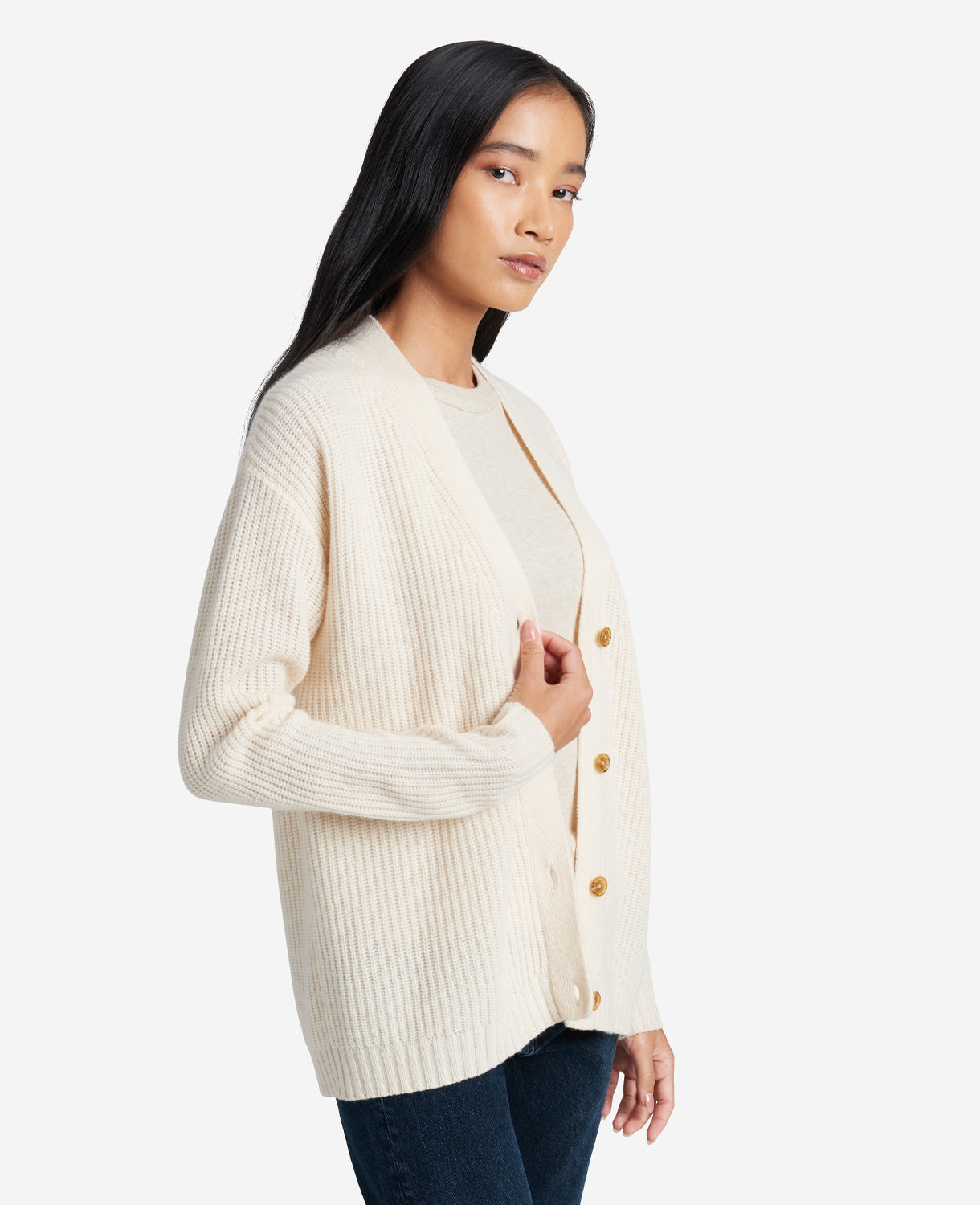 Kenneth Cole Site Exclusive! Cashmere Ribbed-knit Cardigan In Cream