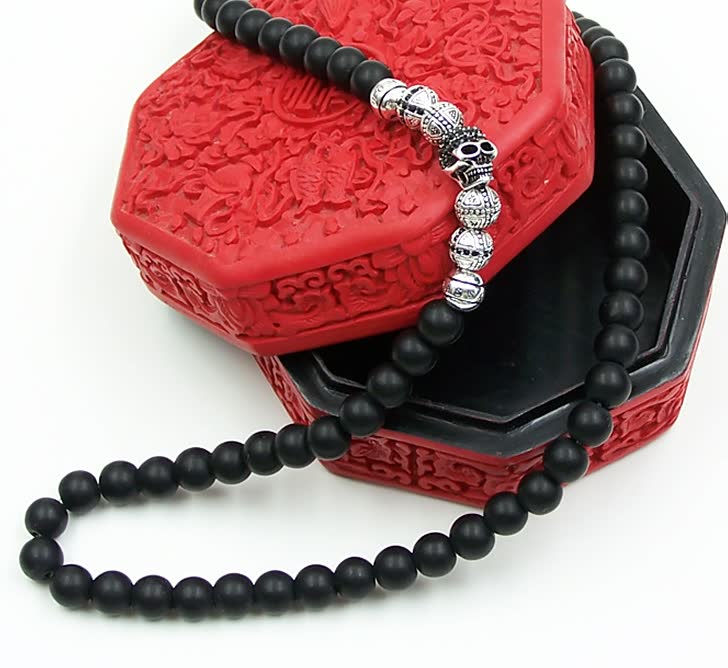 Fashion Cross Skull Matte Obsidian Buddhist Prayer Beads Necklace Choker Accessories Necklace