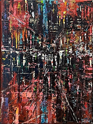 Acrylic painting on canvas of abstracted cityscape.