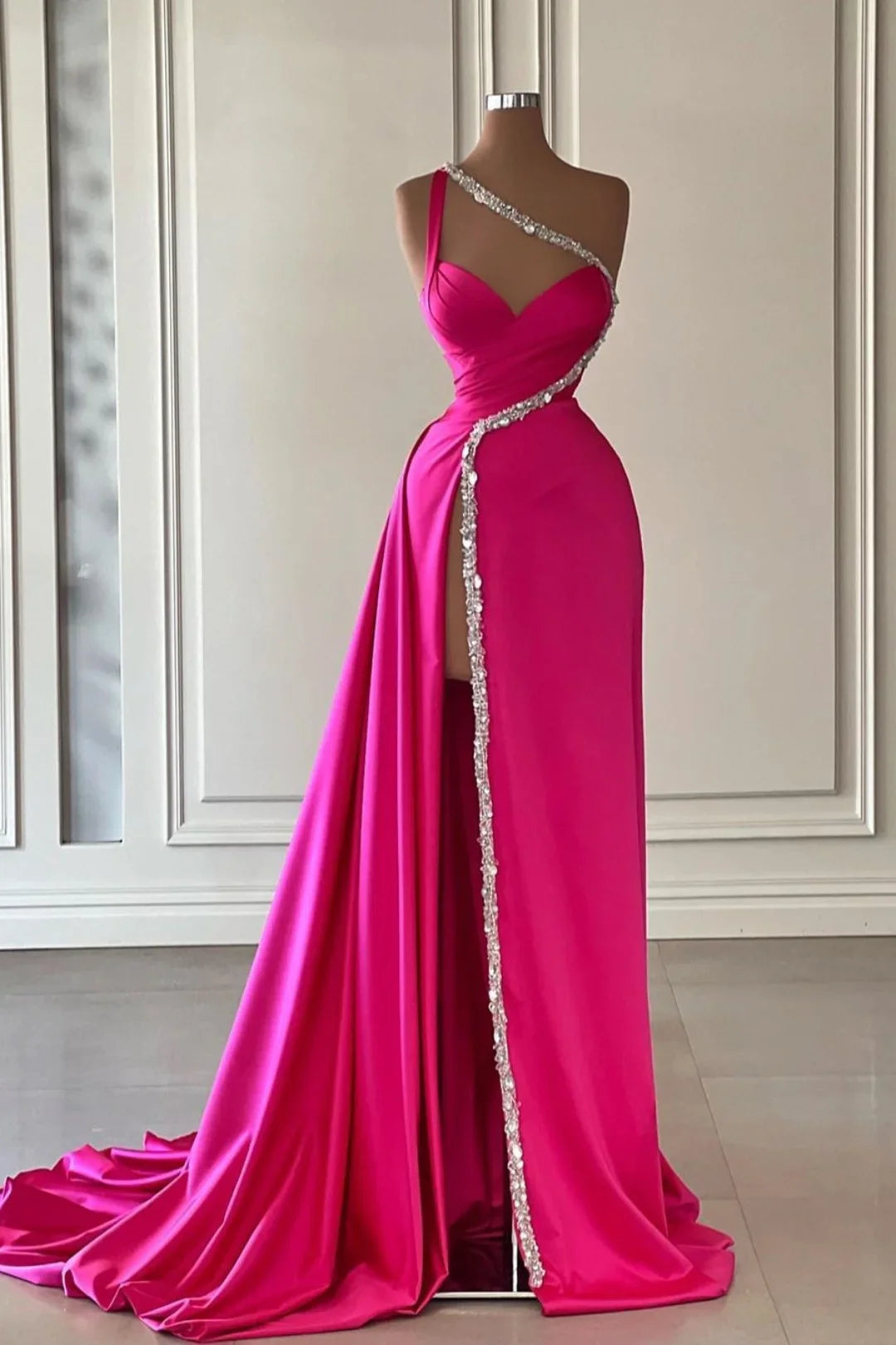Elegant Pink Long One Shoulder Sleeveless Prom Dress Long Slit Online ED01692