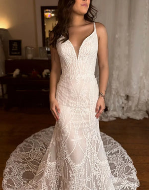 Aimishang Wedding Dress Mermaid V-Neck Court Train Lace Spaghetti Straps - RuiQin