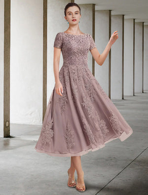A-Line Mother of the Bride Dress Elegant Jewel Neck Tea Length Lace Tulle Short Sleeve with Appliques - RuiQin