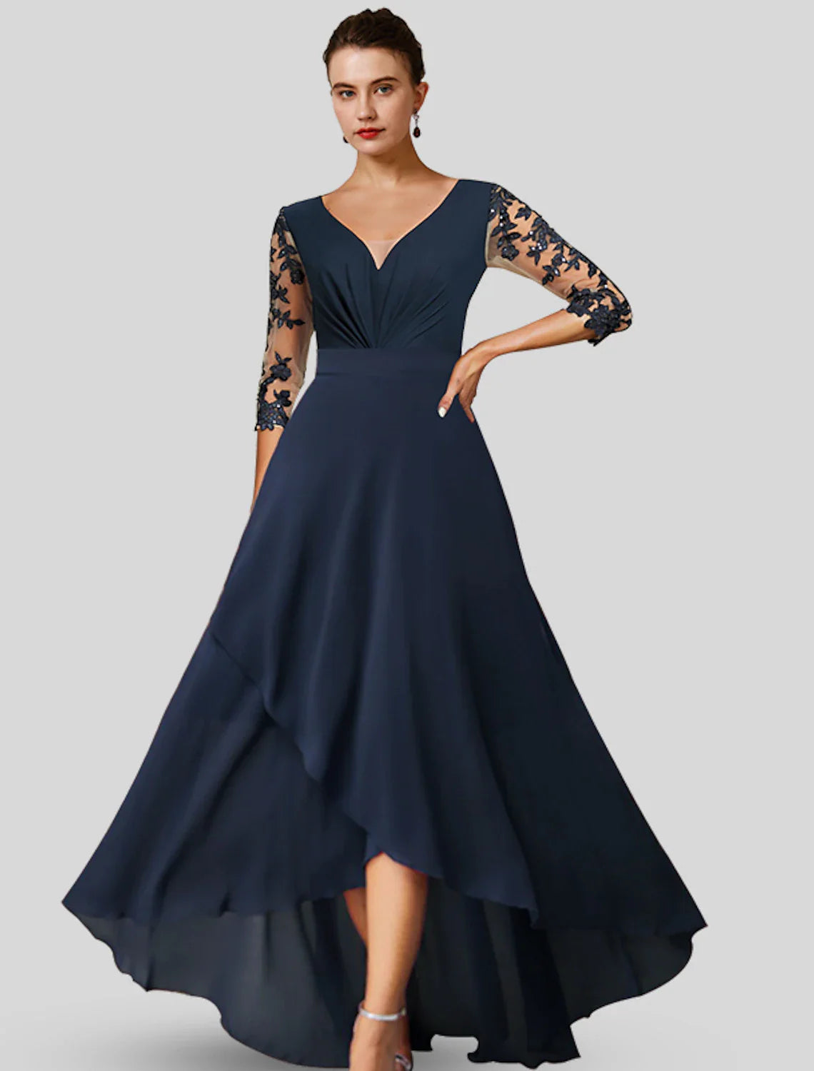 Aimishang A-Line Mother of the Bride Dress Wedding Guest Elegant High Low V Neck Asymmetrical Tea Length Chiffon Lace 3/4 Length Sleeve with Appliques