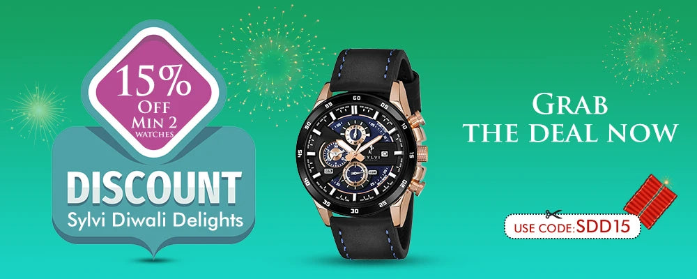 Sylvi Diwali Delights Flat 15% Off on Premium Watches for Men Diwali Mega Sale 1000x400