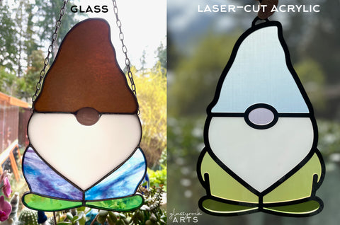 A comparison of two gnomes - one made with traditional stained glass and one made with laser-cut acrylic stained glass.