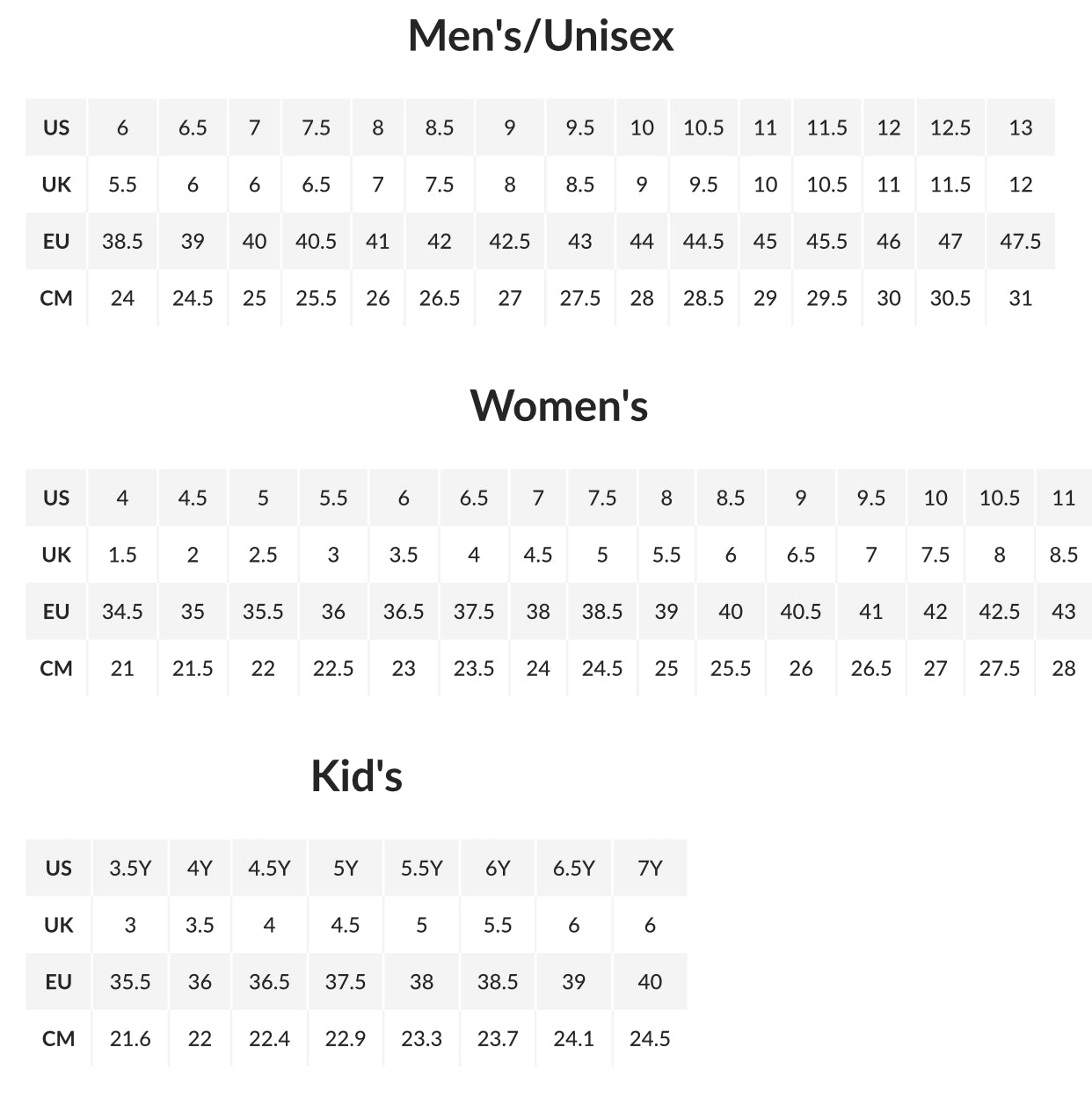 Sneaker size chart