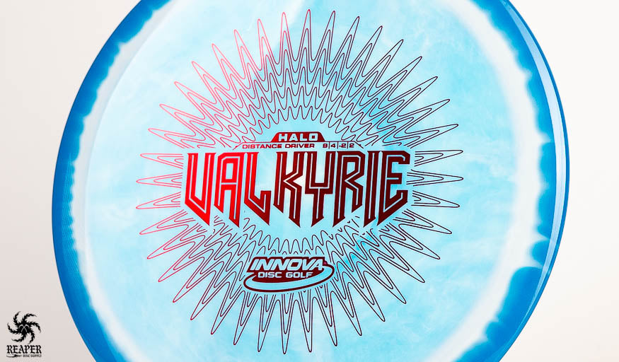 A blue Innova Halo Valkyrie with red stamp shot with studio lighting