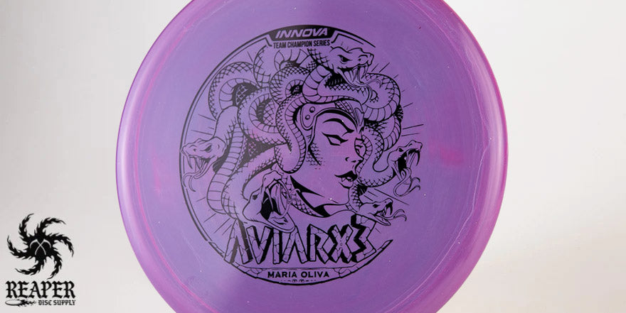 A purple Innova Star AviarX3 (Maria Oliva 2022 Tour Series) disc with a black stamp with a white background