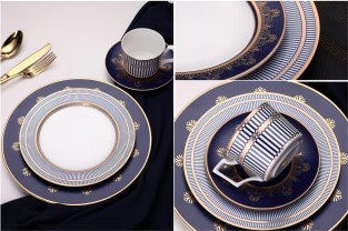 Blue Stripes Gold Rim Bone China Dinner Set