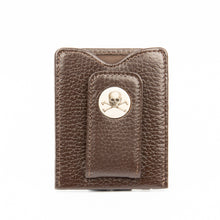 Load image into Gallery viewer, Skull and Crossbones Leather Money Clip Brown - Scrimshaw, Mammoth Ivory, Leather

