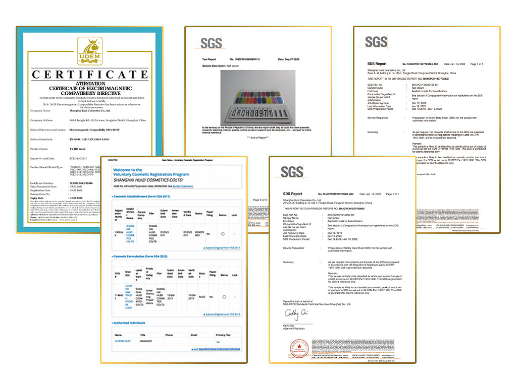 HUIZI Certifications of BSCI, ISOhttps://huizi.com/collections/nail-polish-strips, SGS, FDA 