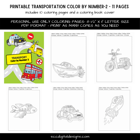 Color by Number Transportation #2 Printable Coloring Pages - Car, Truc