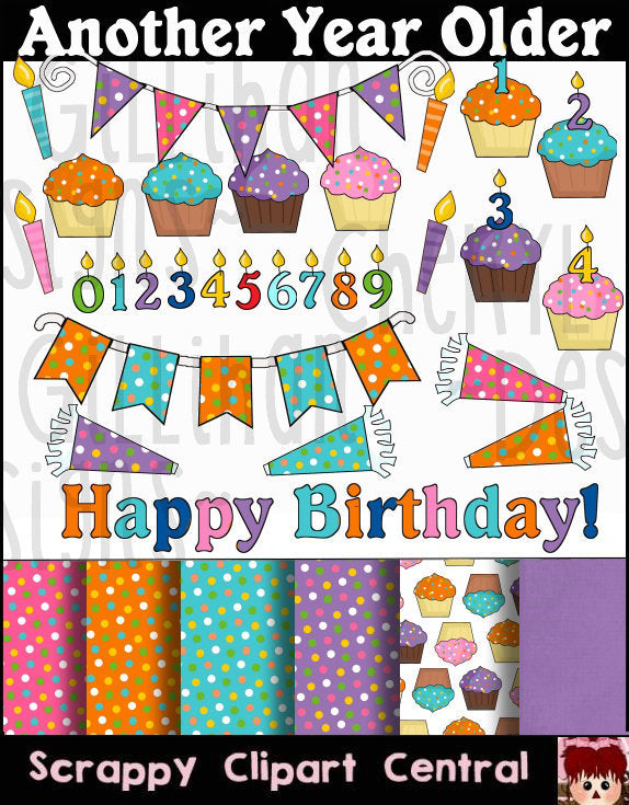 Another Year Older Digital Clipart - Happy Birthday Word Art, Cupcakes –  SCC Digital Designs