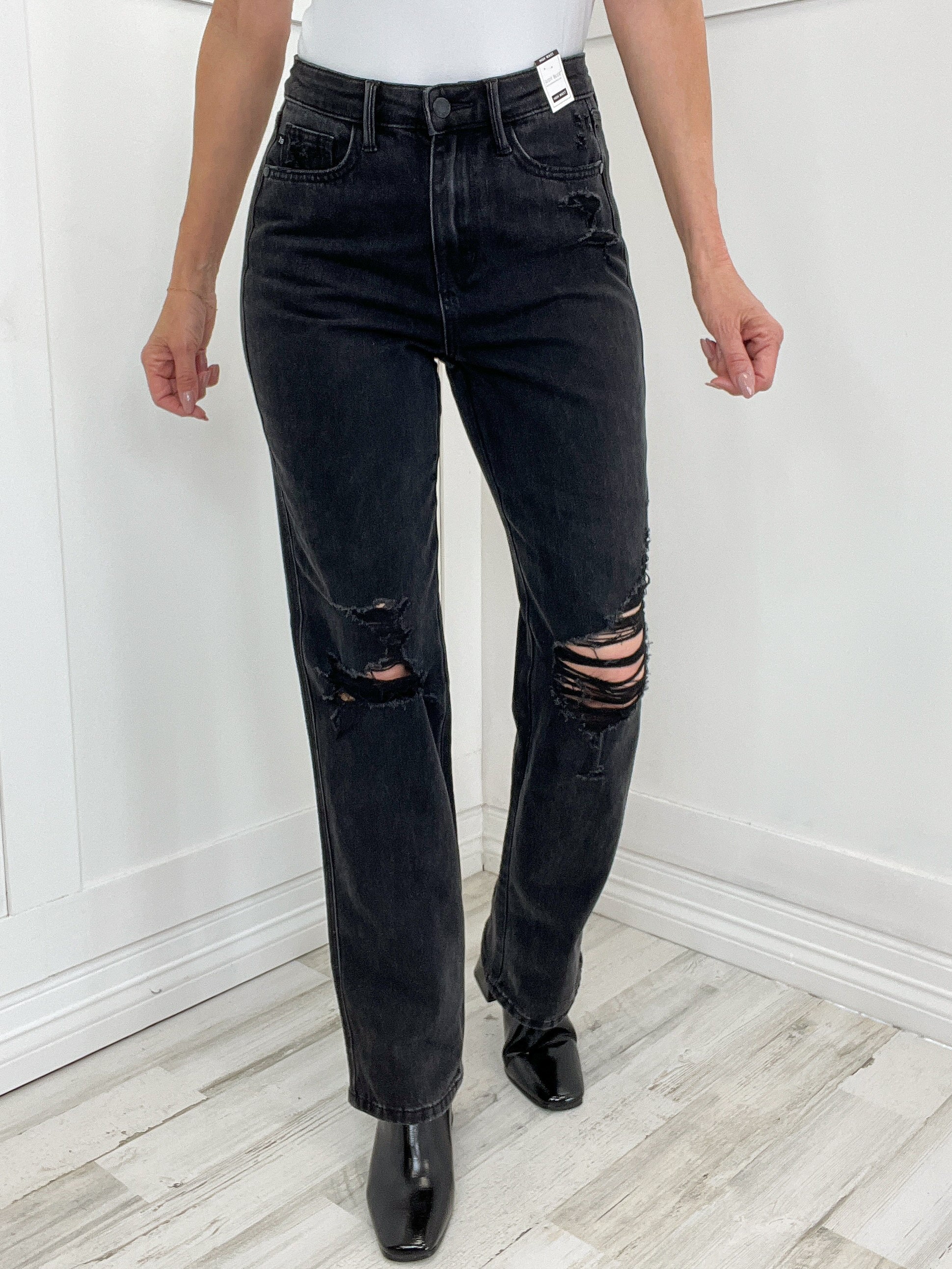 Midland High Rise Rigid Magic 90's Distressed Straight Jeans in Black