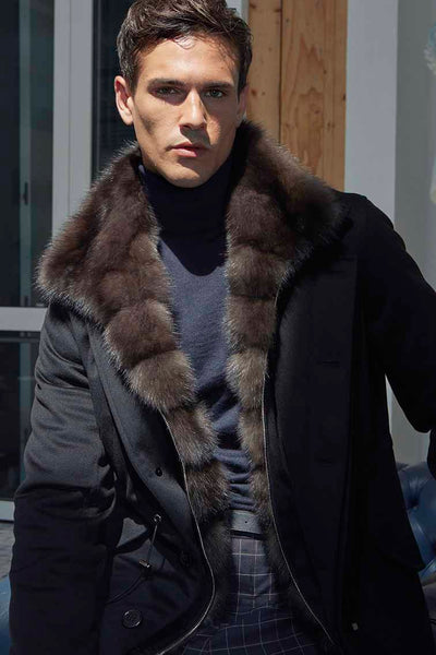 Mens black coat with fur collar