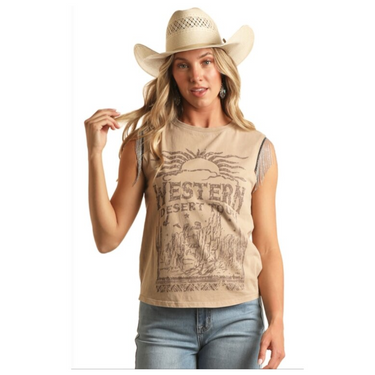 Affliction Desert Ride Fringe Tank Top - Women's Tank Tops in Charcoal Tint  Wash