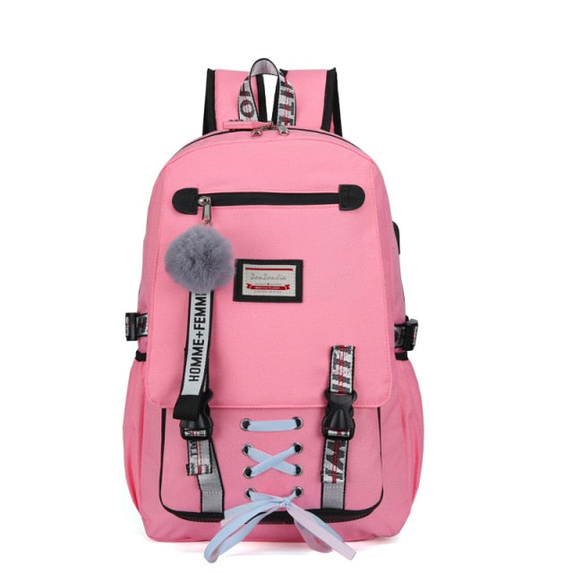 Canvas Usb School Bags for Girls Teenagers Backpack Women Bookbags Black 2021 Large Capacity Middle High College Teen Schoolbag