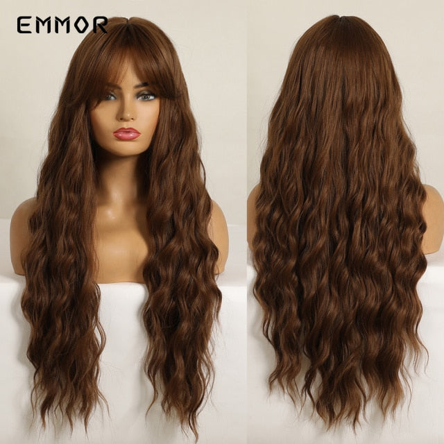 Emmor Long Middle Part Wave Hair Wig for Women Fashion Fluffy Brown Blonde Cosplay Natural Wavy Heat Resistant Synthetic Wigs