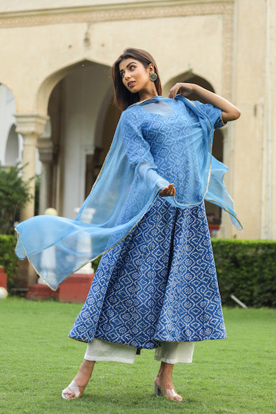 Baruni Blue Cotton Anarkali Set with Chiffon Dupatta