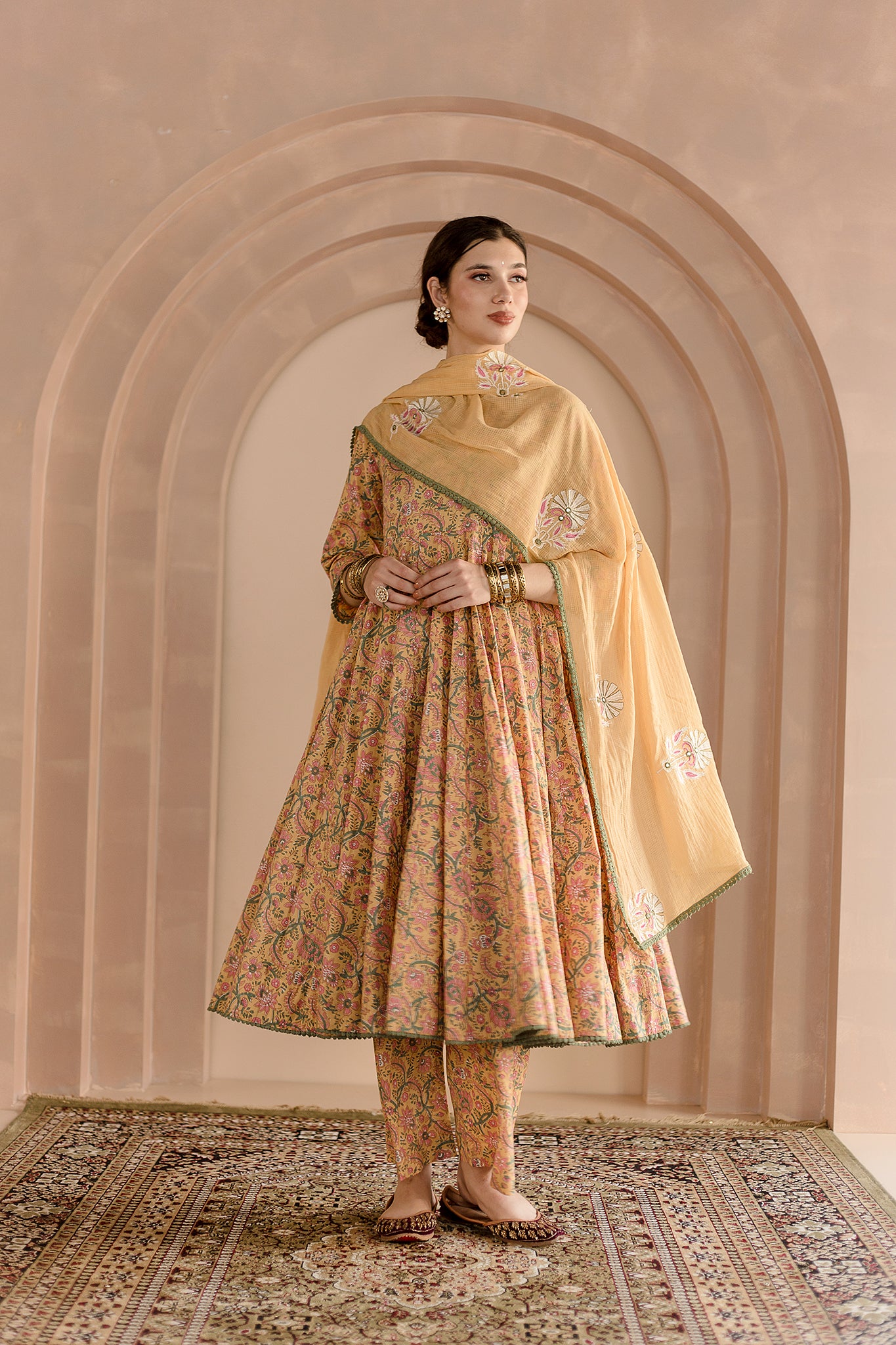 SHAILA YELLOW COTTON ANARKALI SET WITH EMBROIDERED DORIYA DUPATTA