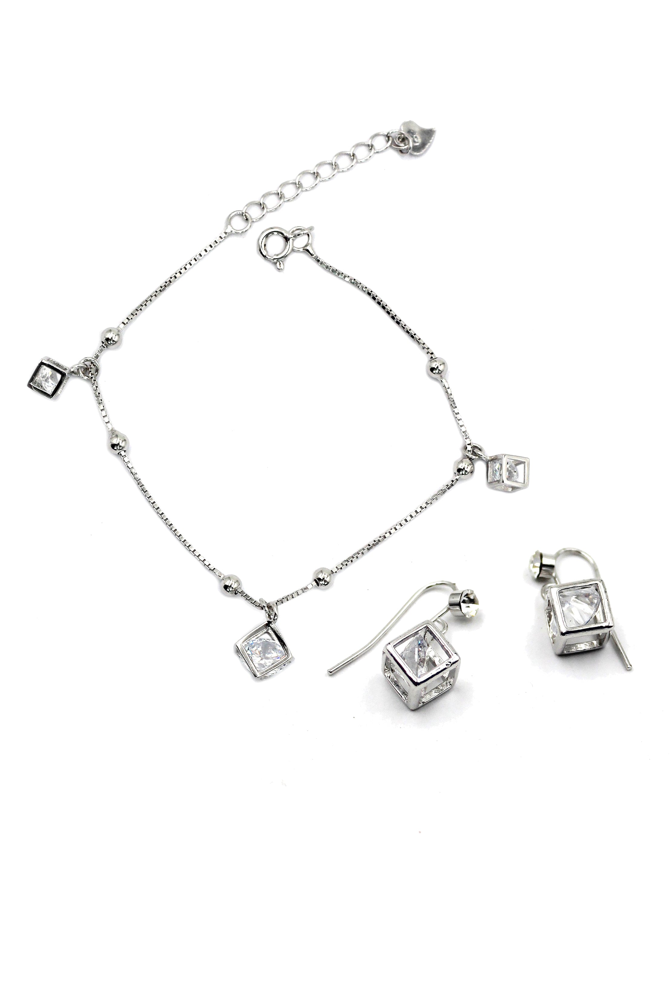 delicate square silver bracelet earrings set