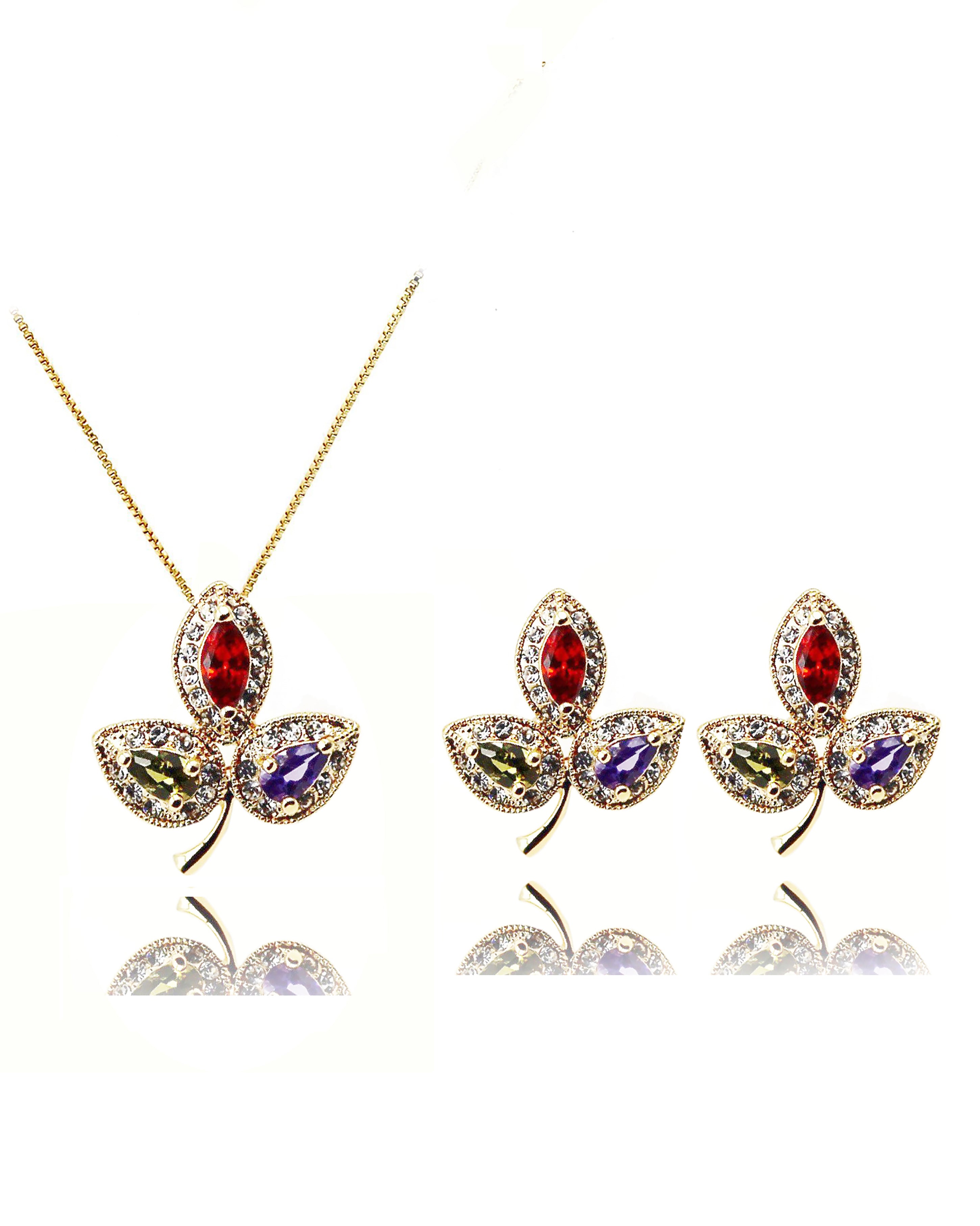 retro three leaves crystal erarrings necklace set