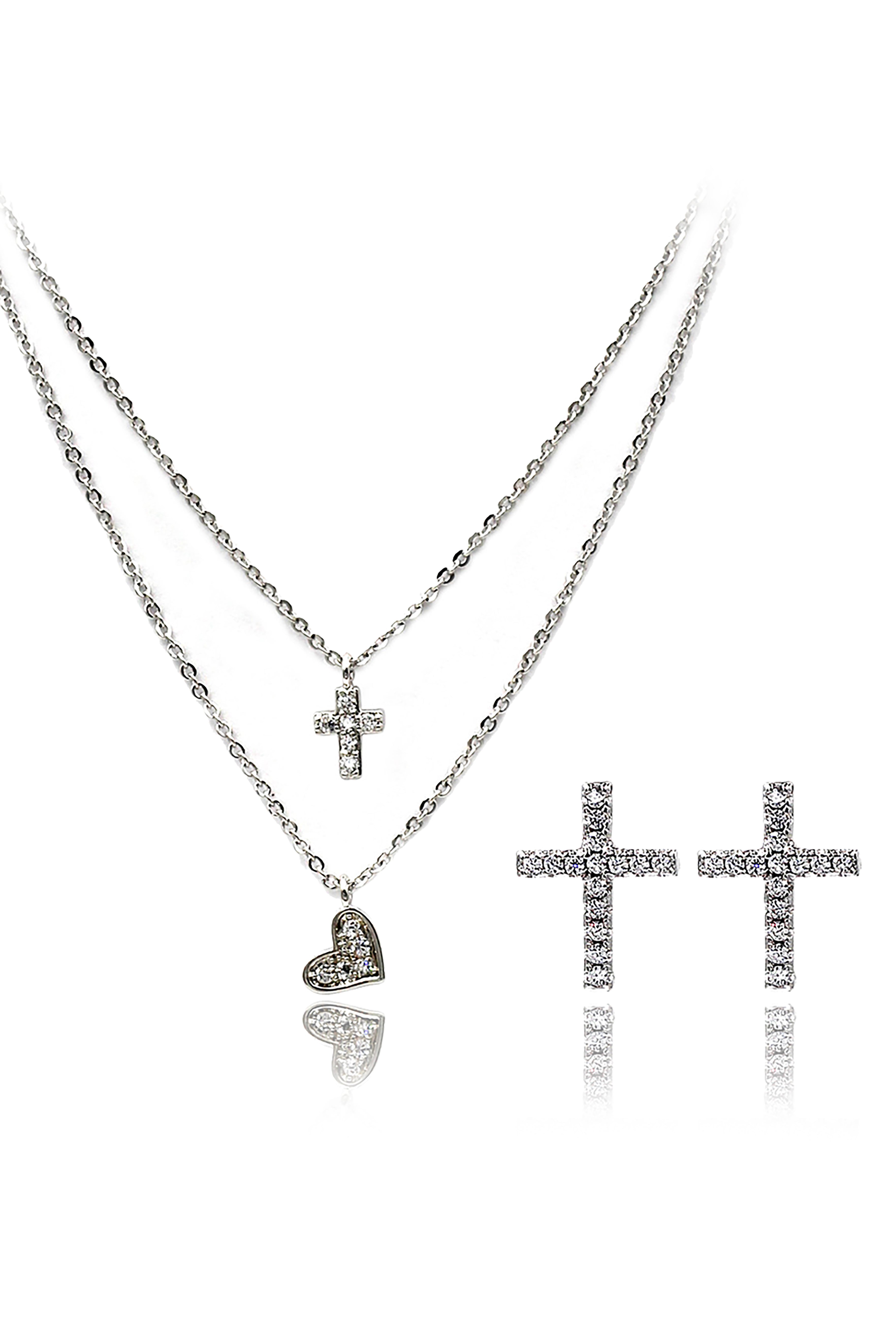 double sided crystal cross heart necklace earrings set