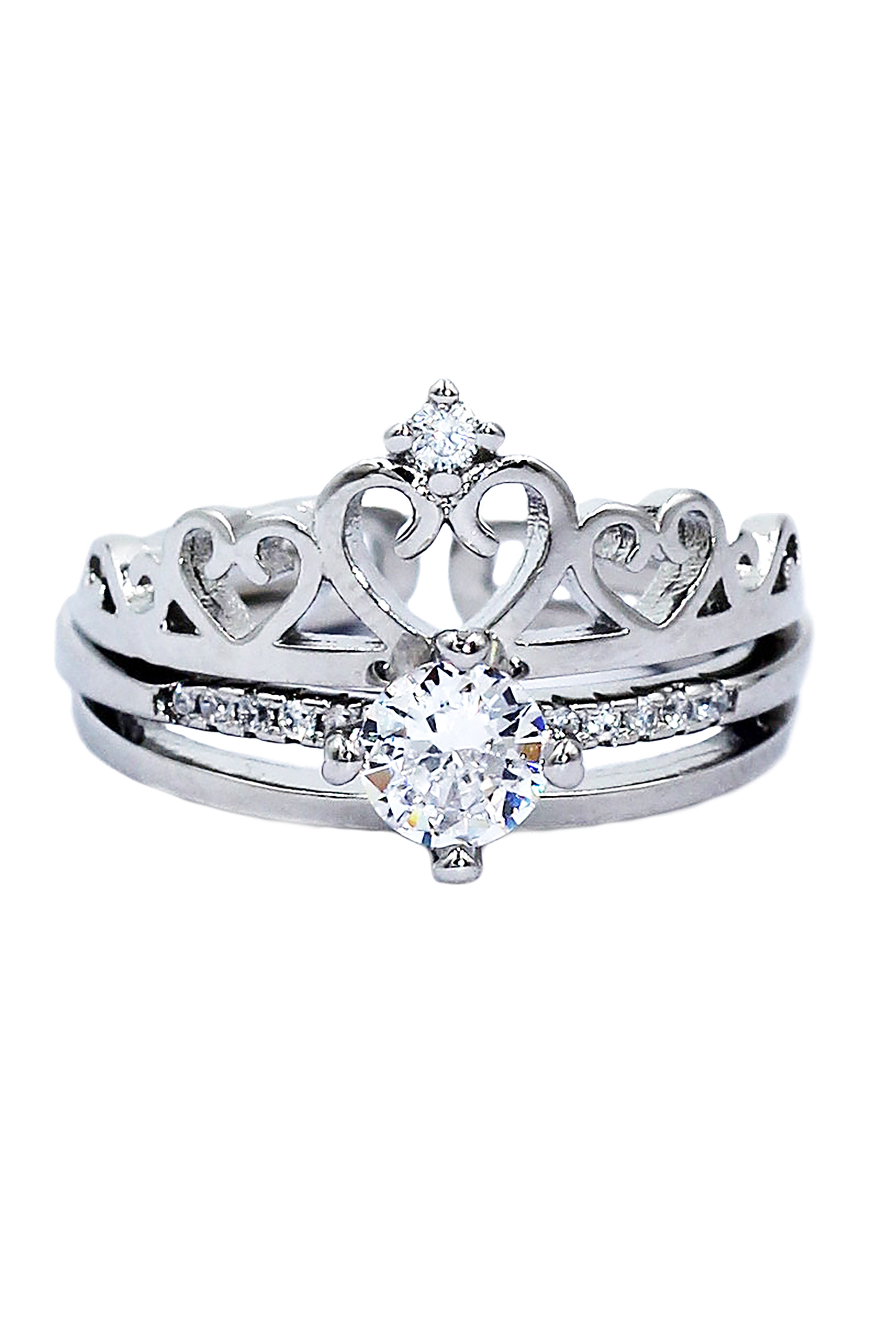 fashion crystal crown open silver ring