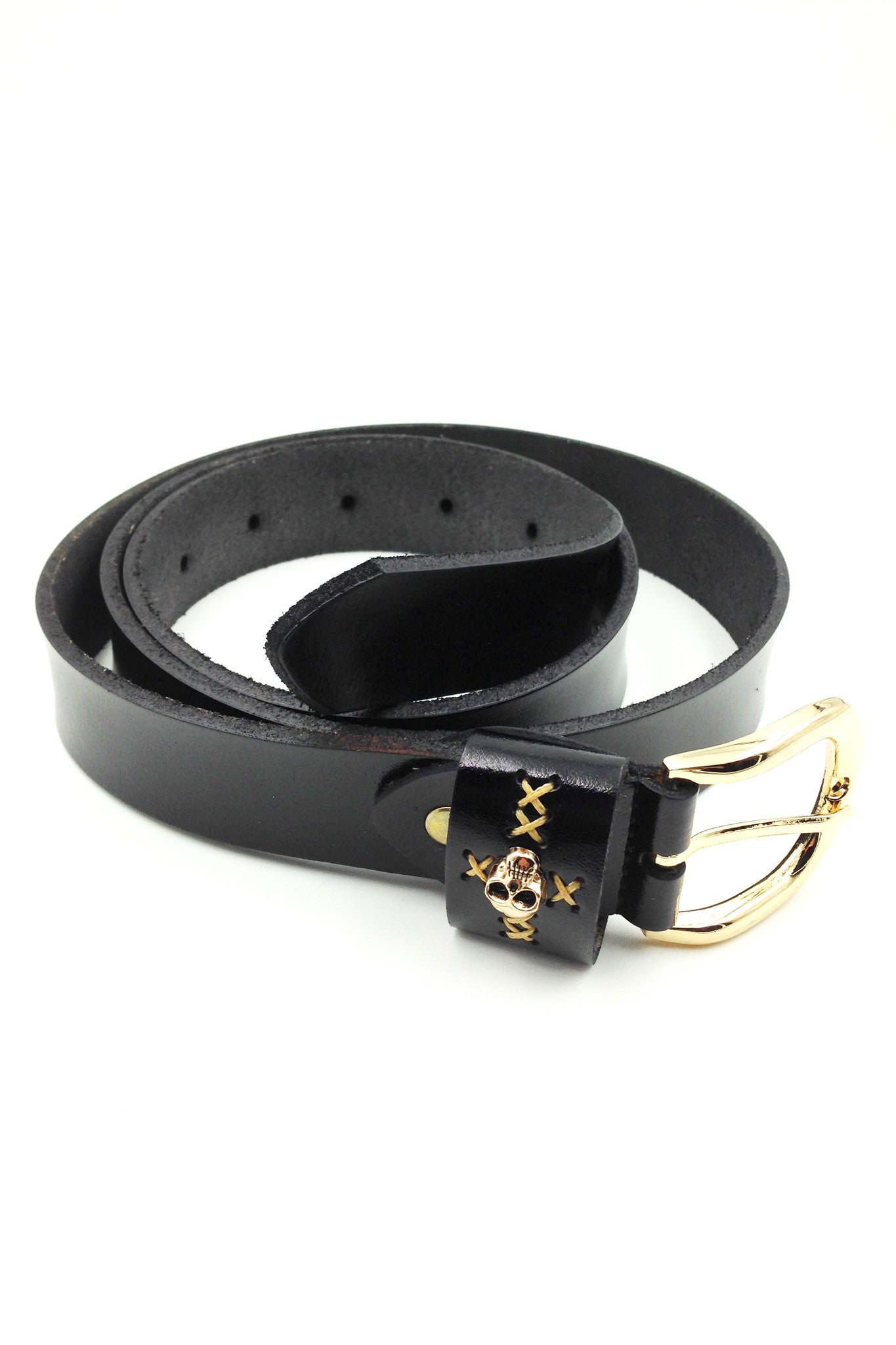 Gold buckle skull leather belt