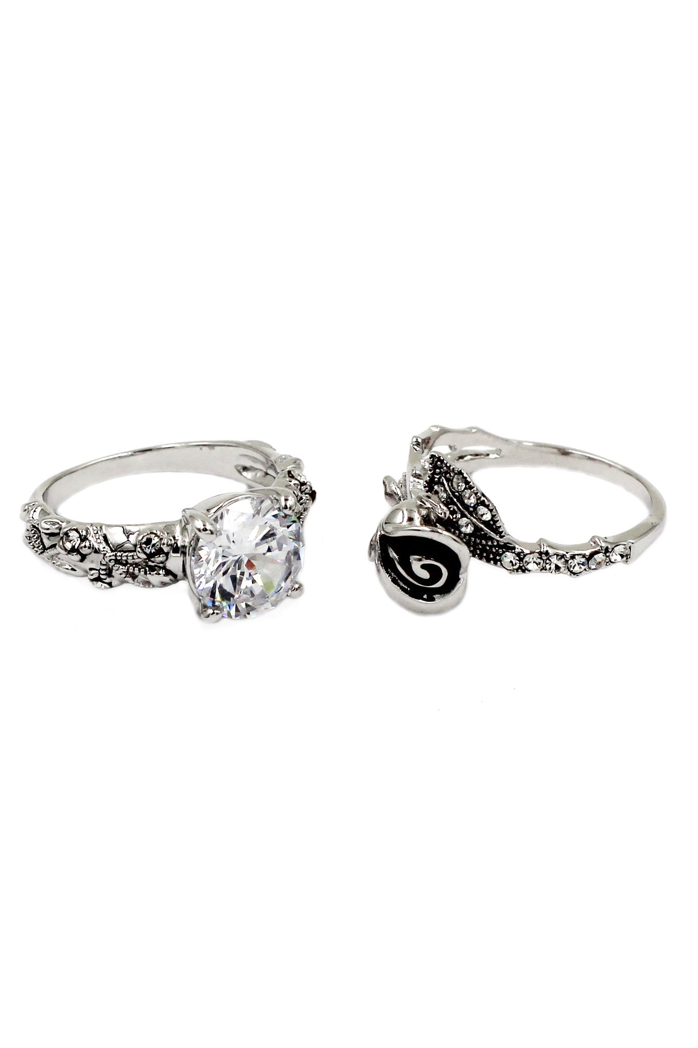 black rose and crystal double silver ring