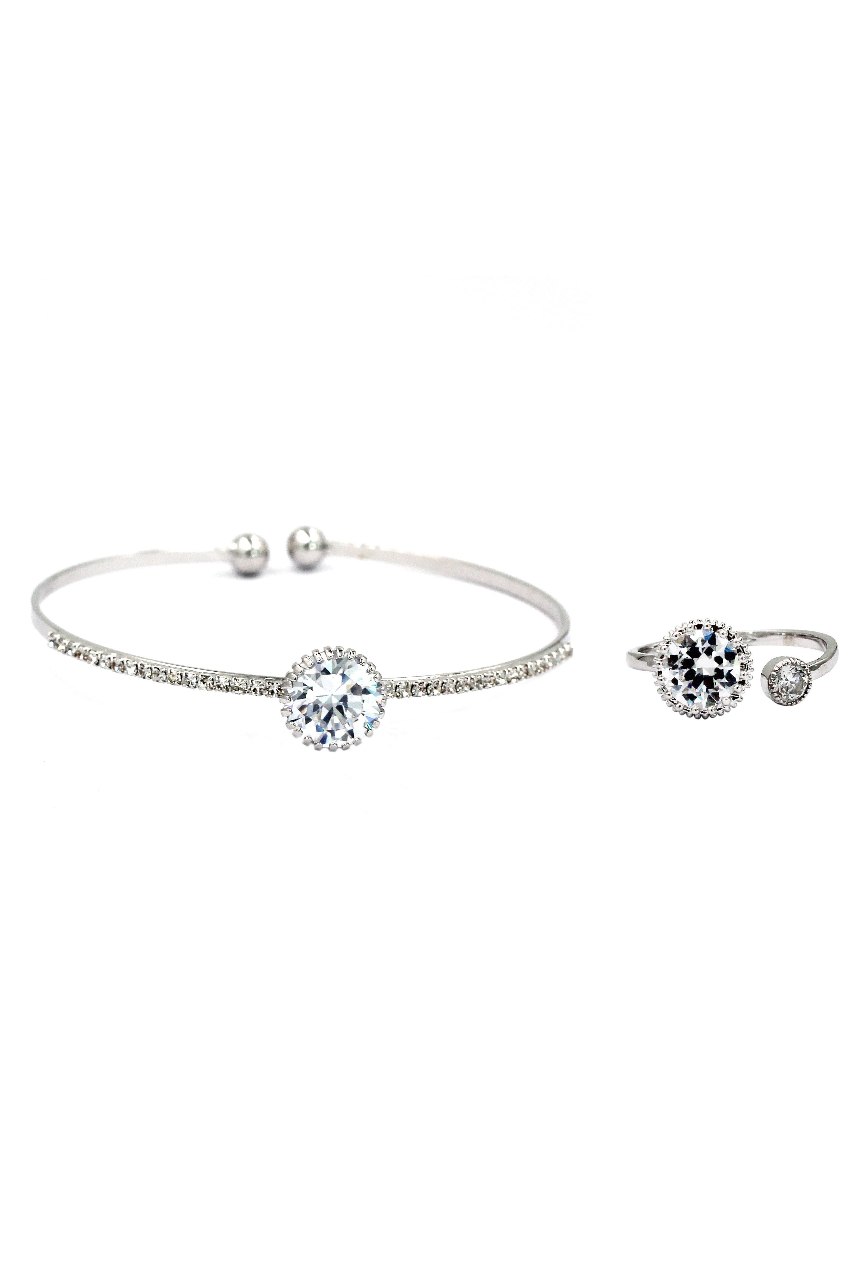 fashion silver shiny crystal bracelet ring set