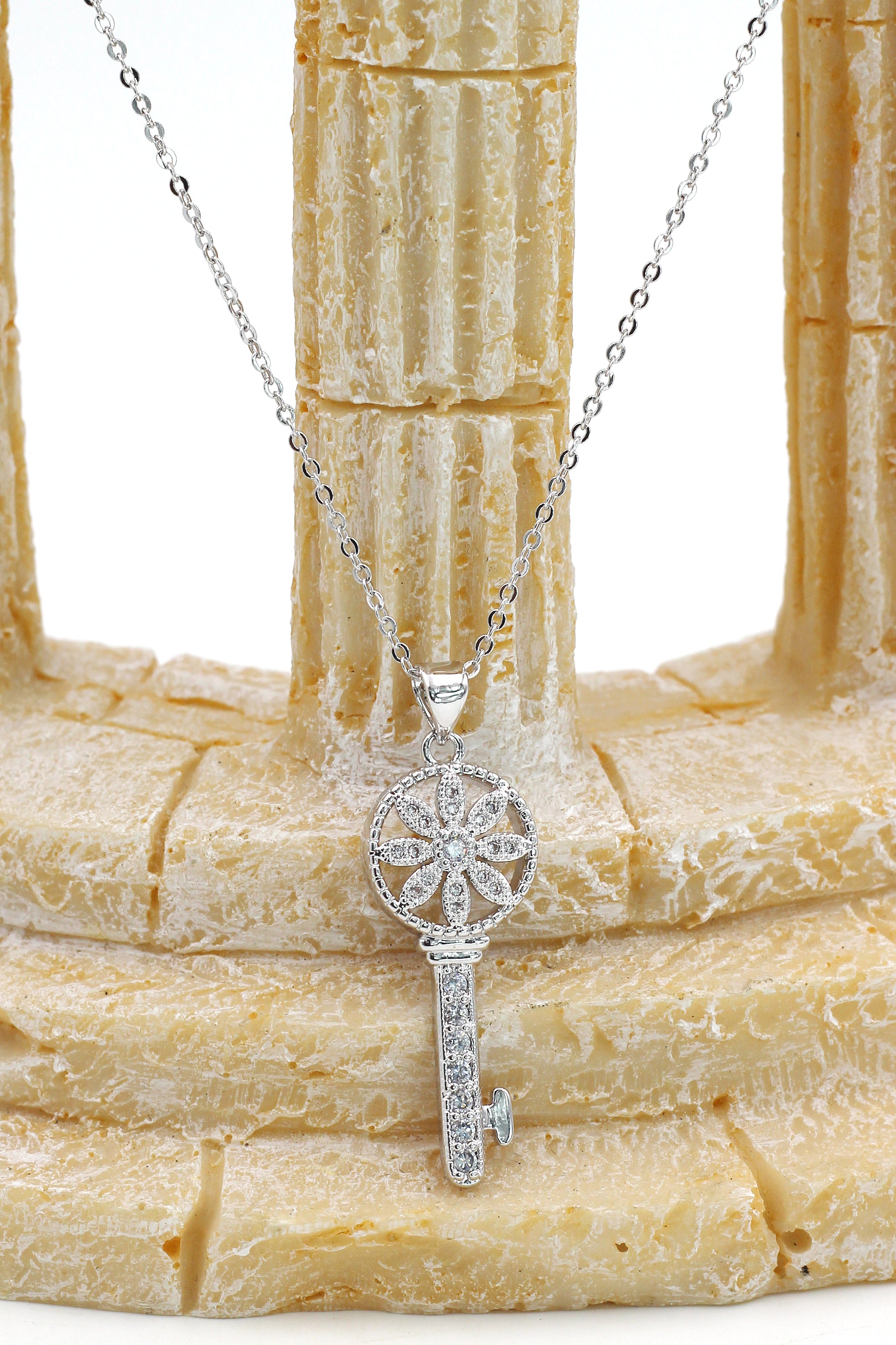 fashion hollow flower crystal key necklace