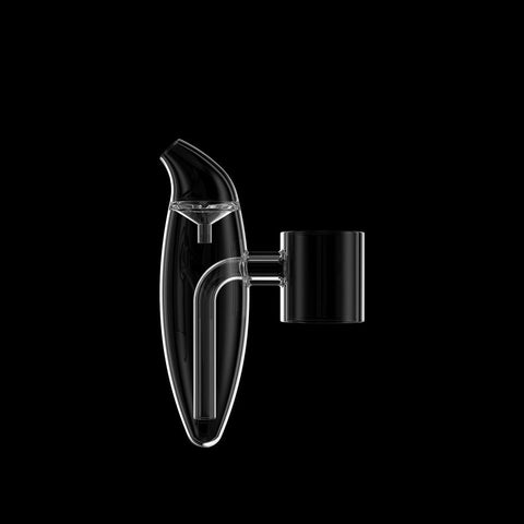 Alt text: "An isolated image of a glass attachment for an electric dab rig on a black background. The attachment has a sleek, curved design, featuring a transparent glass pathway leading to a mouthpiece on one end and connecting to a dark, opaque, cylindrical chamber on the other end, which serves as the joint for the rig. The clear glass showcases the smooth contours and craftsmanship of the piece