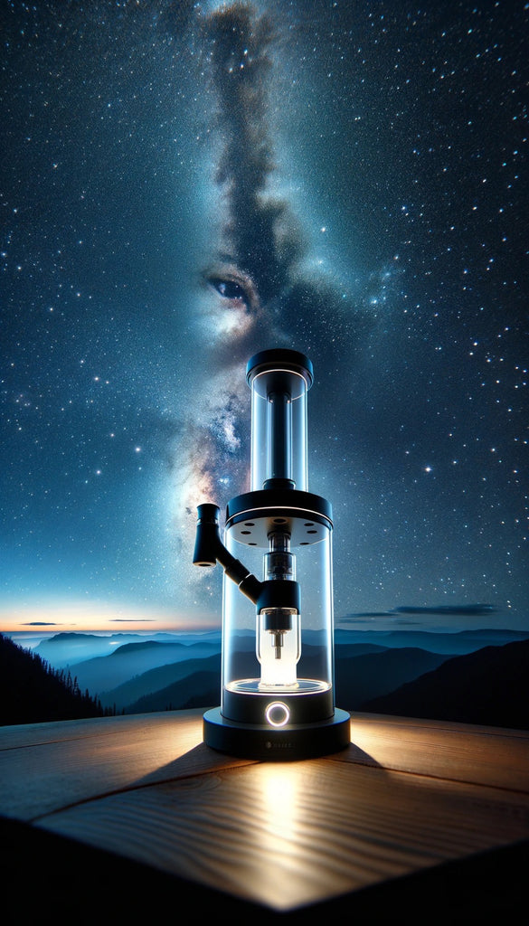 The image depicts an elegant, cylindrical vaporizer positioned on a wooden surface, with a design that emphasizes transparency and clean lines. The vaporizer has a clear central chamber, a sophisticated black mouthpiece, and is illuminated from below, creating a soft halo of light on its base. This modern device is set against a breathtaking backdrop of the night sky, where the Milky Way galaxy stretches across in a dense array of stars, dust, and cosmic clouds, seemingly merging with the silhouette of a person's face superimposed on the galaxy, adding a surreal, cosmic element to the image. Below the stellar display, the horizon reveals the subtle glow of dawn or dusk, kissing the tops of distant mountains and layering the scene with serene gradations of blue and orange.