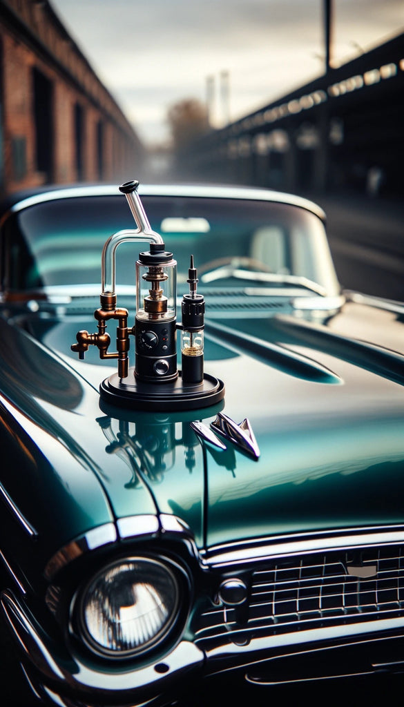 The image presents a collection of three vaporizers of varying designs and sizes, elegantly arranged on the hood of a classic car. The car is shiny, with a teal finish reflecting the surroundings, suggesting a pristine condition. The vaporizers are detailed, with metallic finishes, and one has visible gears and a gauge, evoking a steampunk aesthetic. The smallest vaporizer is more modern, with a digital display. They are all perched on a black circular stand, which contrasts with the glossy hood. The background blur indicates an industrial setting, possibly a warehouse district, adding to the vintage and sophisticated feel of the scene.