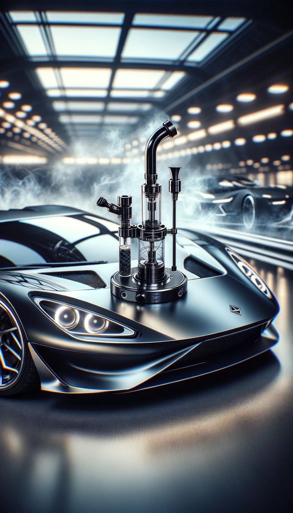The image captures an elaborate vaporizer with metallic and glass components, resting on the hood of a sleek, dark sports car. The car's design is modern and aerodynamic, with distinctive headlights that give it an almost sentient appearance. The vaporizer is intricately designed, featuring a digital display and multiple adjustment dials. Wisps of vapor or smoke surround the scene, contributing to a sense of mystique and high-end luxury. Above, the indoor setting is illuminated by rows of lights, which reflect off the car’s polished surface, enhancing the futuristic and exclusive ambiance of the composition.