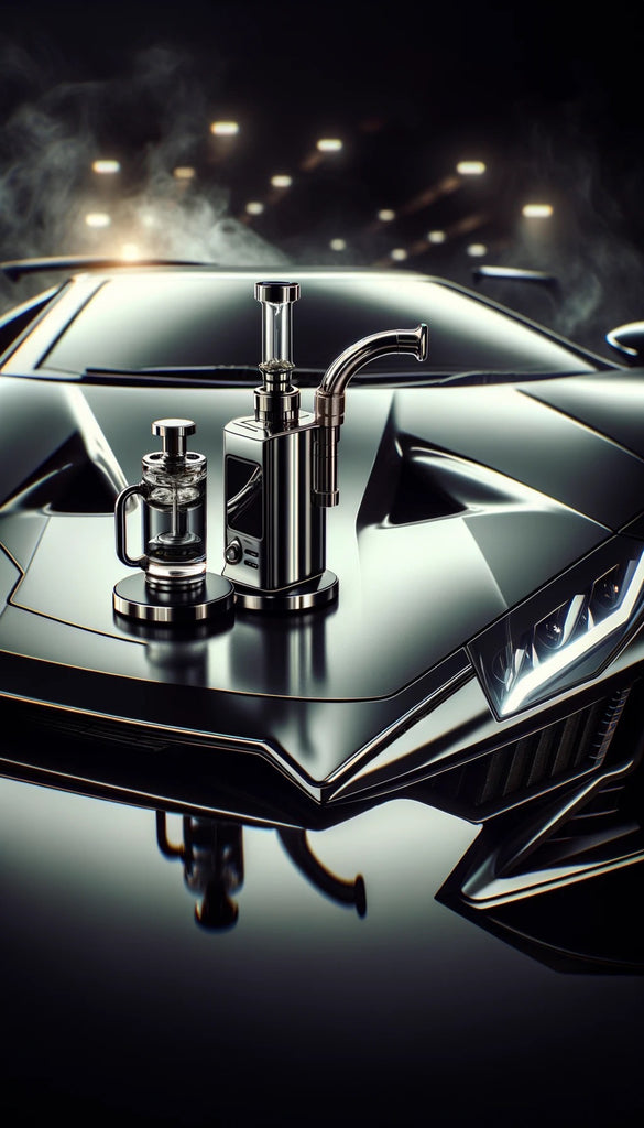 The image showcases two metallic vaporizers with glass components, displayed on the angular hood of a modern luxury car. The car's design features sharp lines and aggressive styling, with narrow, angular headlights that add to its high-tech appearance. The vaporizers are polished, reflecting the ambient light, and are placed on a stand. Wispy vapors float around them, creating an ethereal atmosphere. The setting appears to be an upscale indoor space with soft lighting, reflected on the car's glossy surface, which enhances the overall sleek and contemporary aesthetic of the scene.