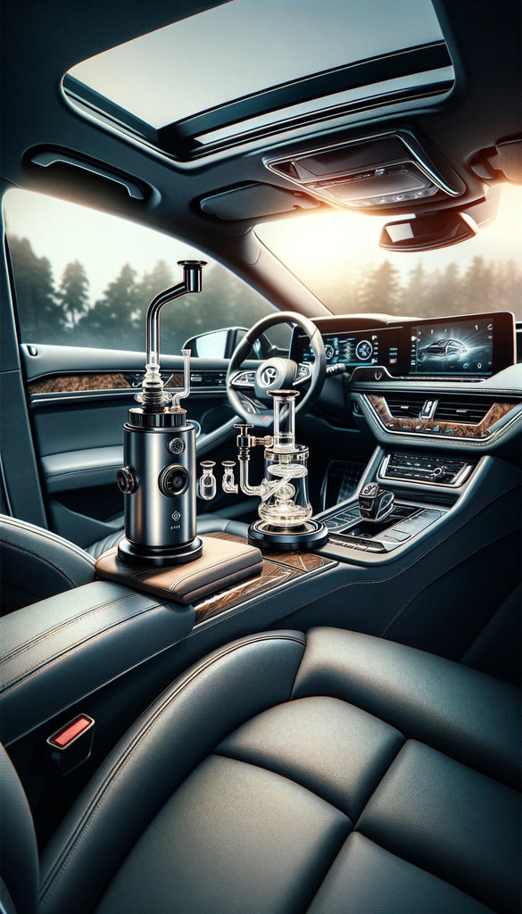 The image depicts an upscale car interior during sunset, with a complex vaporizer device placed on the center console. The vaporizer is black with metallic accents and features multiple knobs and an intricate glass system, including a water chamber and a curved mouthpiece. The interior of the car showcases luxurious leather seats, a modern dashboard with wood accents, and an expansive digital screen that stretches across the driver's area. Sunlight streams through the trees outside, casting a warm glow and accentuating the car's sophisticated design and the vaporizer's shiny surfaces. The overall effect is one of high-end technology and comfort.