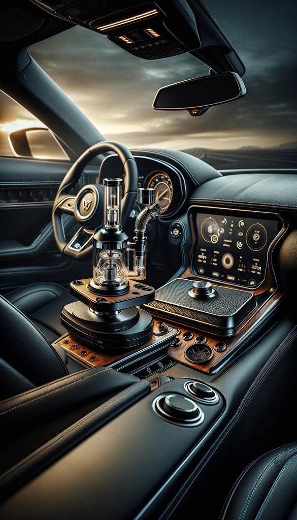 The image shows a luxurious car interior at dusk, with a sophisticated and modern vaporizer placed on the center console. The vaporizer has a polished metallic exterior with visible controls and is paired with glass components, including a central chamber and a curved tube for inhalation. The car's interior is elegantly designed with leather upholstery, wood trim finishes, and a contemporary dashboard featuring an array of digital displays and controls. The car's design elements are highlighted by the soft ambient light of the setting sun visible through the front windshield, creating a high-tech and opulent atmosphere.