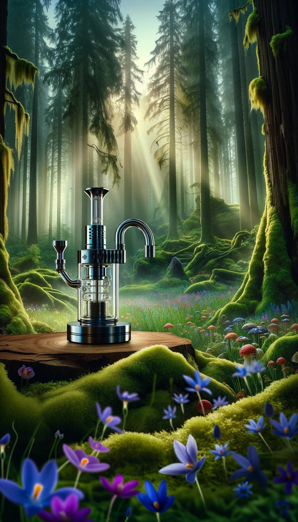 This image depicts a fantastical forest scene bathed in ethereal sunlight filtering through the tall, dense trees. A thick moss covers the forest floor and tree trunks, accentuating the lush greenery. Amidst this serene woodland, a highly detailed, modern vaporizer sits atop a tree stump, seemingly out of place with its metallic and glass structure contrasting the natural environment. The foreground is dotted with vibrant, colorful flowers, and an assortment of whimsical mushrooms, adding a touch of magic to the scene. The overall effect is one of a peaceful, yet surreal coexistence of technology and nature.