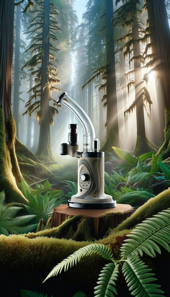 The image presents a serene and mystical forest scene with towering trees shrouded in mist and draped with moss. The light pierces through the tree canopy, casting beams that illuminate the verdant forest floor, which is lush with ferns and moss. Centered in the image is a sophisticated and modern vaporizer placed on a wood stump. The vaporizer has a sleek design with a curved metal arm, several adjustment knobs, and a digital display indicating its settings. It stands out in the natural setting, creating an intriguing juxtaposition between the advanced technology of the device and the ancient tranquility of the forest.