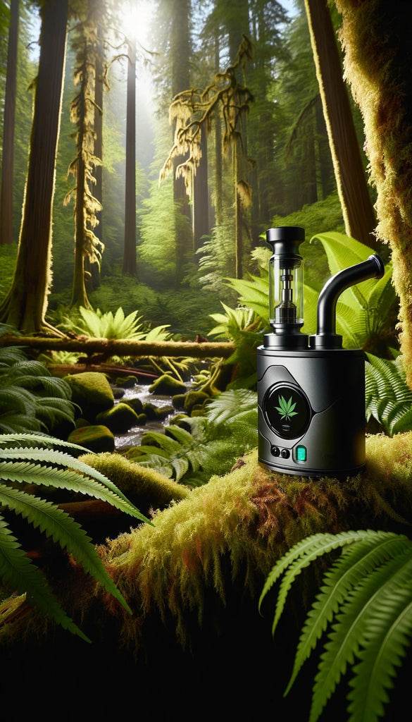 The image features an electronic vaporizer sitting on a patch of moss in a lush forest setting. The vaporizer is modern and black, with a green leaf symbol on its side, indicating its likely use for herbal substances. It has a clear glass top through which vapor could pass. The background reveals tall trees with sunlight filtering through the canopy, highlighting the vibrant green ferns and mossy ground. A small creek can be seen in the middle distance, flowing over rocks and adding to the serene woodland atmosphere.