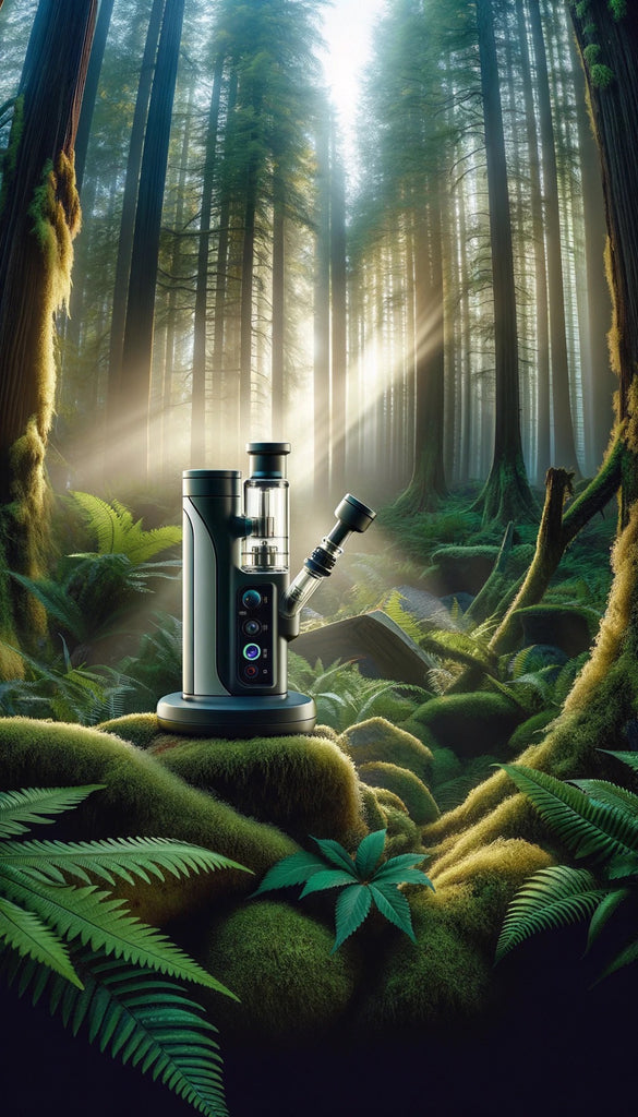 The image presents a scene with a sophisticated silver and black vaporizer, featuring a glass mouthpiece and digital controls, placed on a moss-covered forest floor. Tall, majestic trees stretch skywards, and beams of sunlight pierce through the misty atmosphere, creating a serene and mystical woodland environment. The underbrush is rich with ferns, their leaves spread out near the base of the vaporizer, further integrating technology with nature. The visual suggests a tranquil escape into a verdant, old-growth forest.