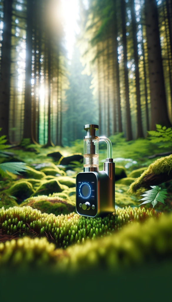 The image depicts a portable vaporizer with a digital display and a glass attachment on top, situated on a vibrant green mossy forest floor. The vaporizer has a sleek, modern design with a metallic finish, and the display shows the temperature settings. Behind it, a picturesque forest scene unfolds with tall, densely packed trees reaching towards the sky, their trunks partially enshrouded in a soft, hazy light. Sunlight filters through the canopy, casting dappled light across the scene, highlighting the rich green hues of the moss and ferns that carpet the forest ground. The atmosphere is peaceful and untouched, evoking a sense of tranquility and harmony with nature.