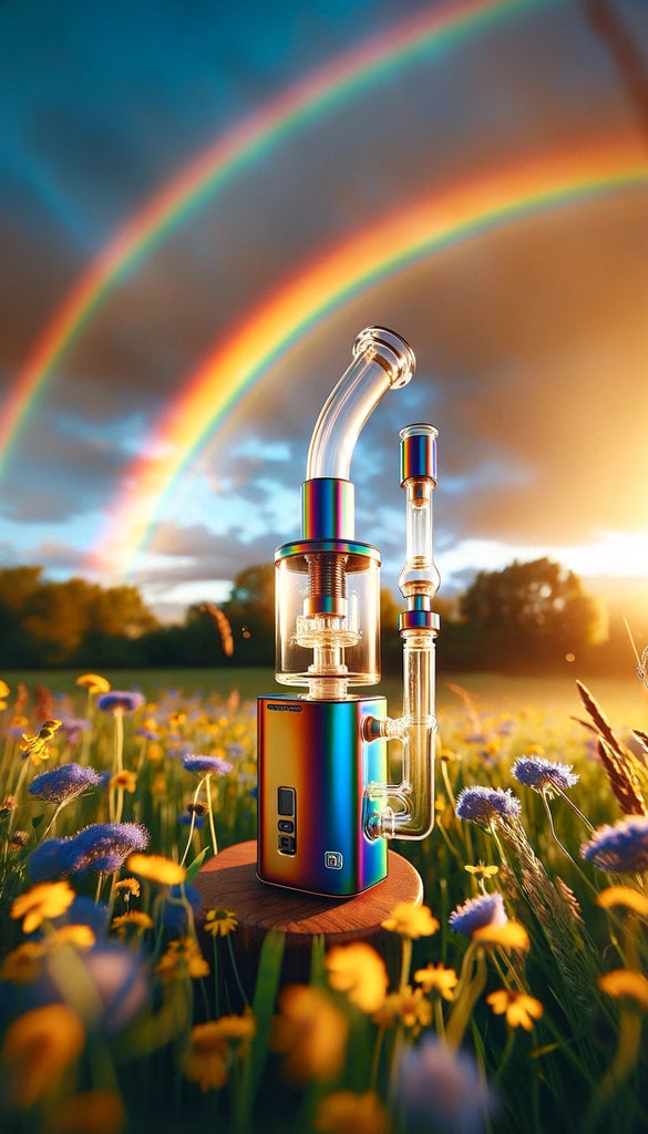 The image features a vibrant and colorful vaporizer standing in the middle of a field of yellow flowers under a blue sky with a double rainbow. The vaporizer has a metallic, iridescent finish reflecting a spectrum of colors and is composed of a base unit with digital displays and buttons, connected to a clear glass chamber and a curved glass mouthpiece. The sun, low on the horizon, creates a warm backlighting that highlights the edges of the flowers, and the glass parts of the vaporizer sparkle with reflections of the surrounding nature.