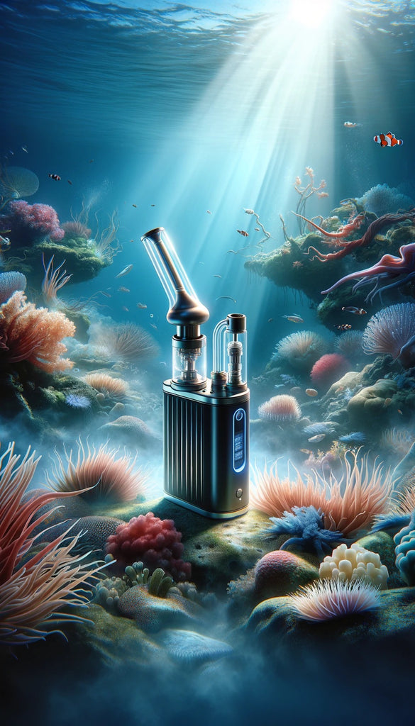The image features an underwater scene with a diverse and vibrant coral reef. Sunlight filters through the water from above, creating a calming atmosphere. In the center, there is a vaporizer with a modern design, prominently displayed among the natural elements of the reef. The vaporizer has a sleek black body with metallic accents and is equipped with a clear glass mouthpiece. It is an artistic juxtaposition of technology with the serene beauty of marine life, including various species of coral and small, colorful fish swimming around, suggesting a surreal blend of the natural and the man-made.