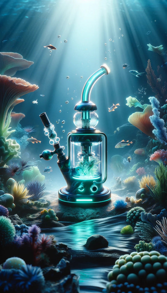 The image displays a serene underwater scene illuminated by the sun’s rays that penetrate the clear blue water. A glass vaporizer, centrally located, is the focal point, featuring intricate details that suggest a fusion of organic and crafted elements. The vaporizer is made of transparent glass with iridescent swirls of blue and green, resembling the aquatic environment it’s in. It has a curved neck, a spherical chamber, and a side-mounted mouthpiece. Bubbles escape from it, mimicking the surrounding natural underwater activity. The sea life includes a rich variety of corals in multiple hues, textures, and forms, creating a lush landscape on the ocean floor. Small fish flit through the water, adding movement to the tranquil underwater tableau.