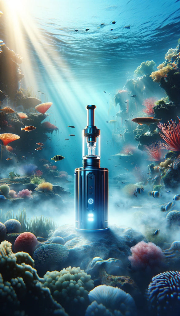 The image shows an underwater scene that is richly populated with a vibrant coral reef, illuminated by beams of sunlight streaming down from the surface. A sleek, cylindrical vaporizer is superimposed onto this marine backdrop, standing upright on the ocean floor. The device is predominantly black with silver detailing and has a transparent tank through which internal components can be seen. It features a digital display and control buttons, indicating its modernity. The reef itself is a tapestry of diverse coral species, in a range of colors and shapes, and small tropical fish can be seen swimming nearby. The composition merges the natural underwater world with a piece of advanced technology, creating a striking contrast.