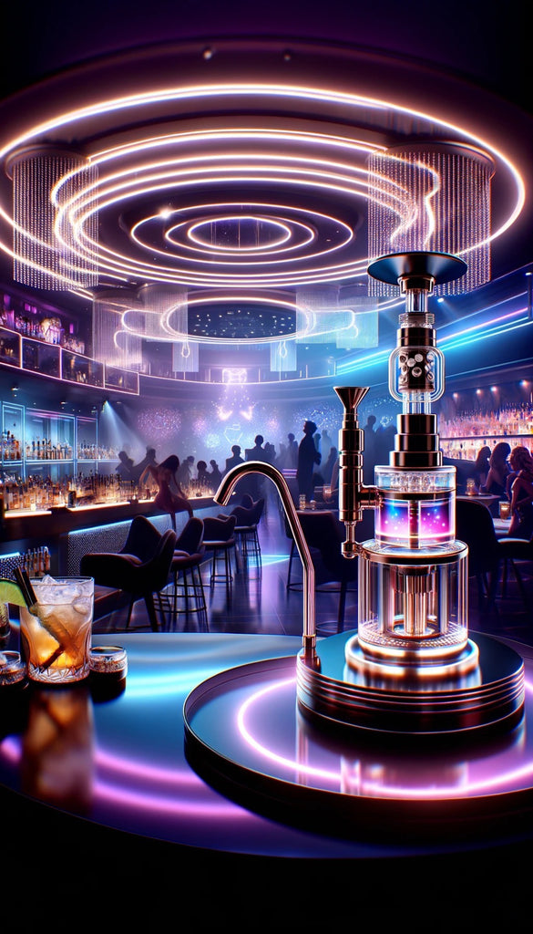 An intricately designed vaporizer takes center stage on a glowing, neon-lit bar counter. The device is sleek and futuristic, featuring digital components and a curved pipe. It is surrounded by a vibrant atmosphere within a modern bar, illuminated by dynamic, circular neon lights overhead that cast a warm glow over the silhouettes of people socializing. The ambiance is further enhanced by the presence of a glass filled with an iced beverage in the foreground, creating a sense of leisure and nightlife excitement.